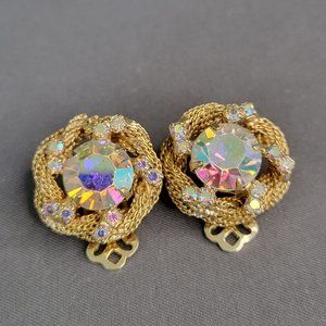 Womens Gold Tone Twisted Rope Accent AB Aurora Borealis Crystal Clip On Earrings